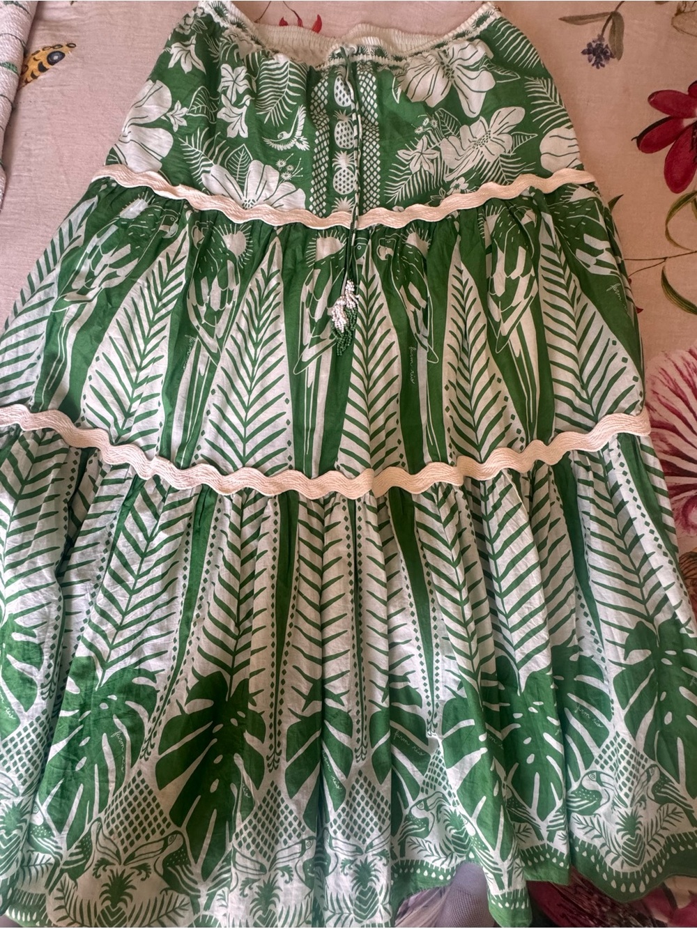 FARM RIO Green Tropical Tiered A-Line Skirt with Ruffled Trim